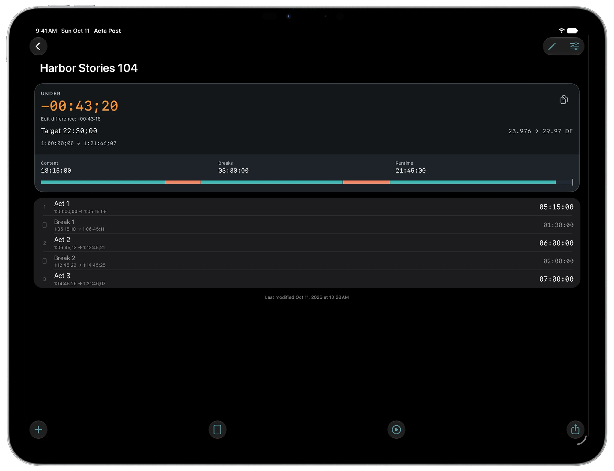 Harbor Stories 104 in Acta Post dark mode on iPad: three acts, breaks of 1:30 and 2:00 and a delivery runtime 43 seconds and 20 frames under target.