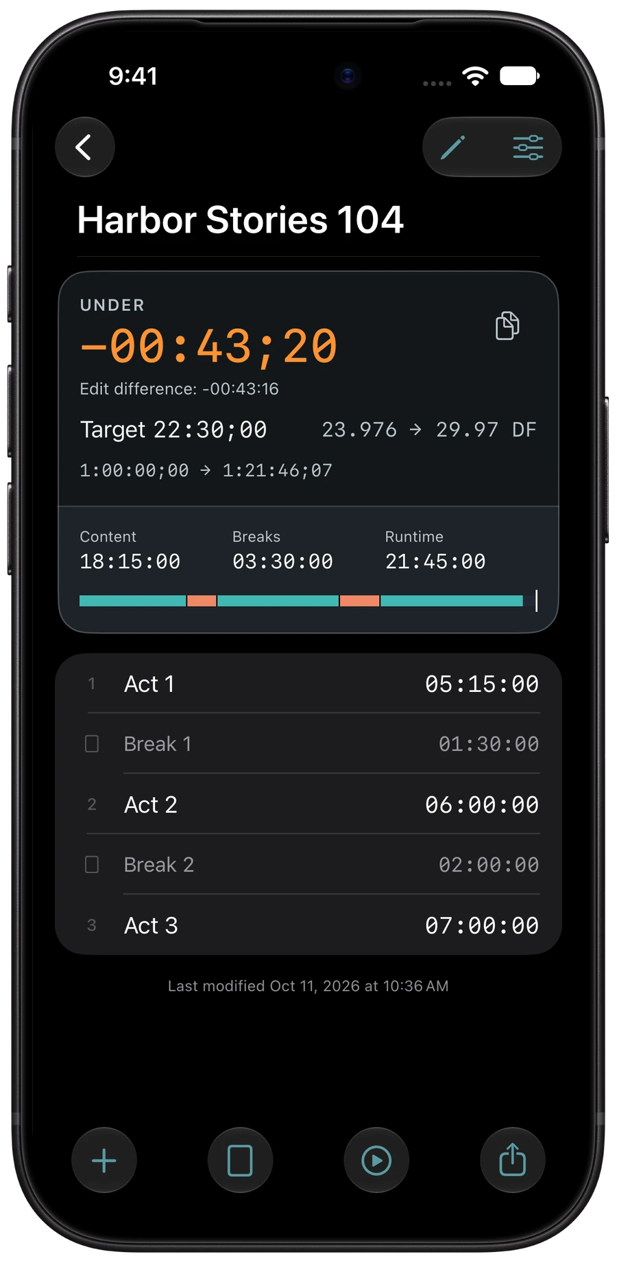 The same Harbor Stories 104 rundown in Acta Post dark mode on iPhone, with an editable duration for each act and break.