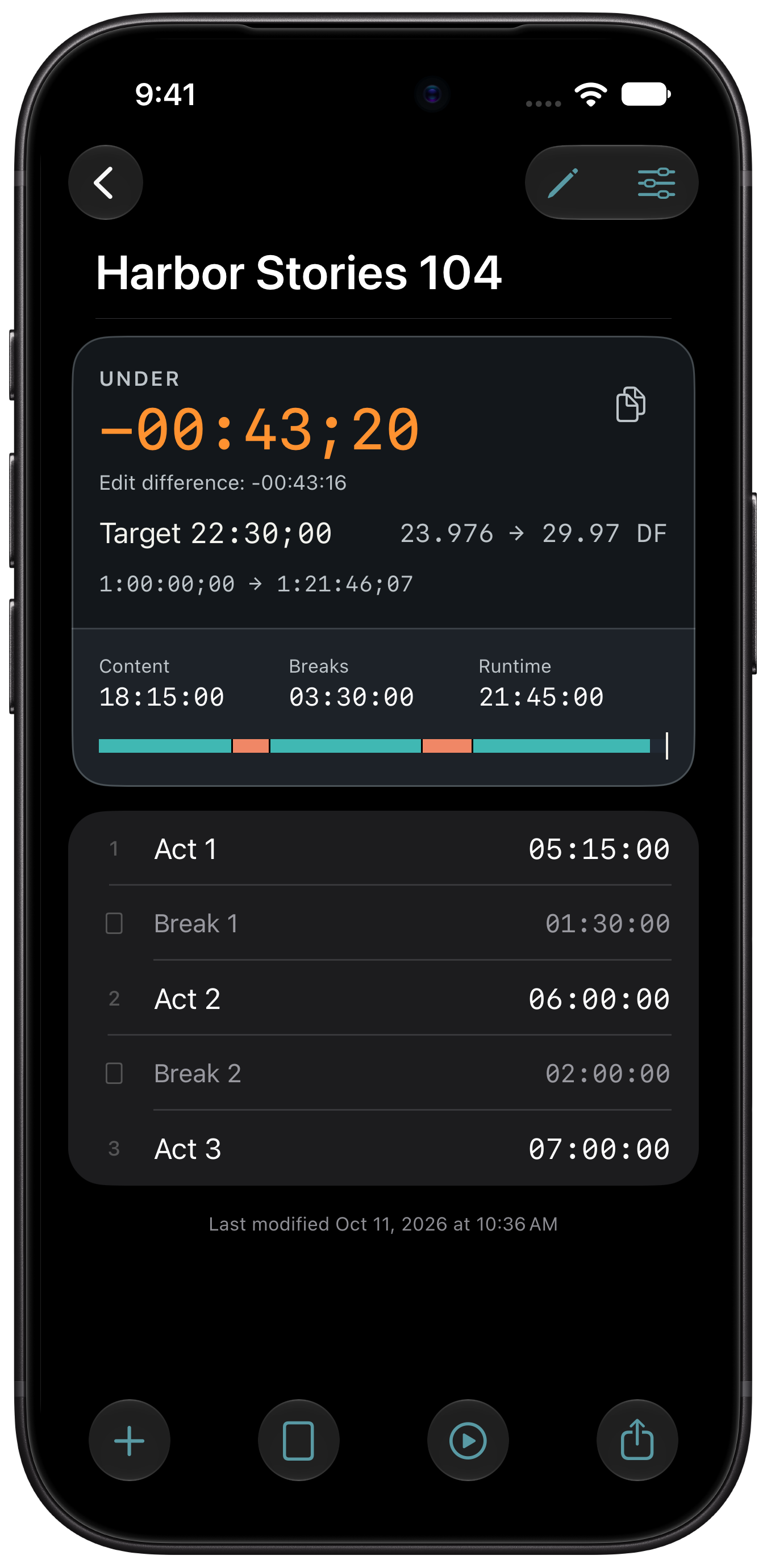 The same Harbor Stories 104 rundown in Acta Post dark mode on iPhone, with an editable duration for each act and break.